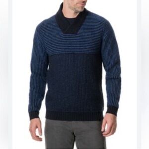 Rodd & Gunn Men's Navy and Blue Shawl Neck Sweater Size Large Lambswool Blend